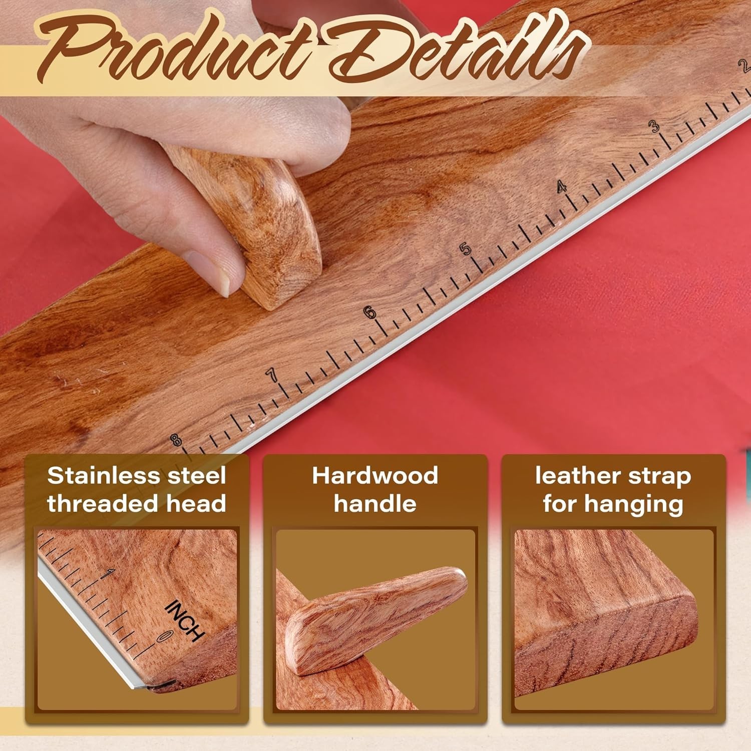 Safety Ruler with Handle & Stainless Steel Edge – 13In Handmade Hardwood Ruler f