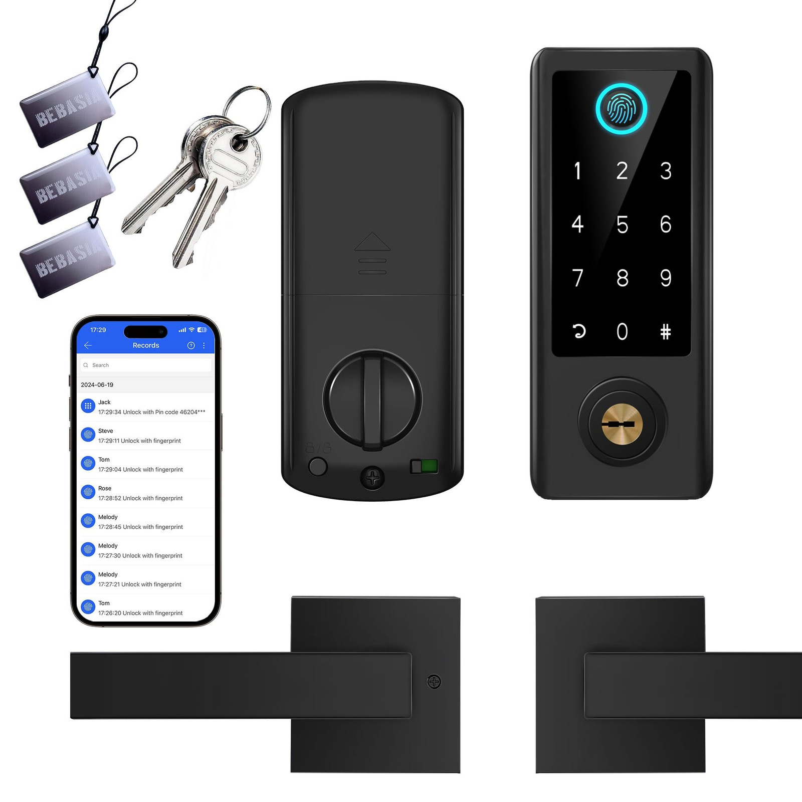 BEBASIA Smart Fingerprint Door Lock with Handle Set, Full App Control, Black