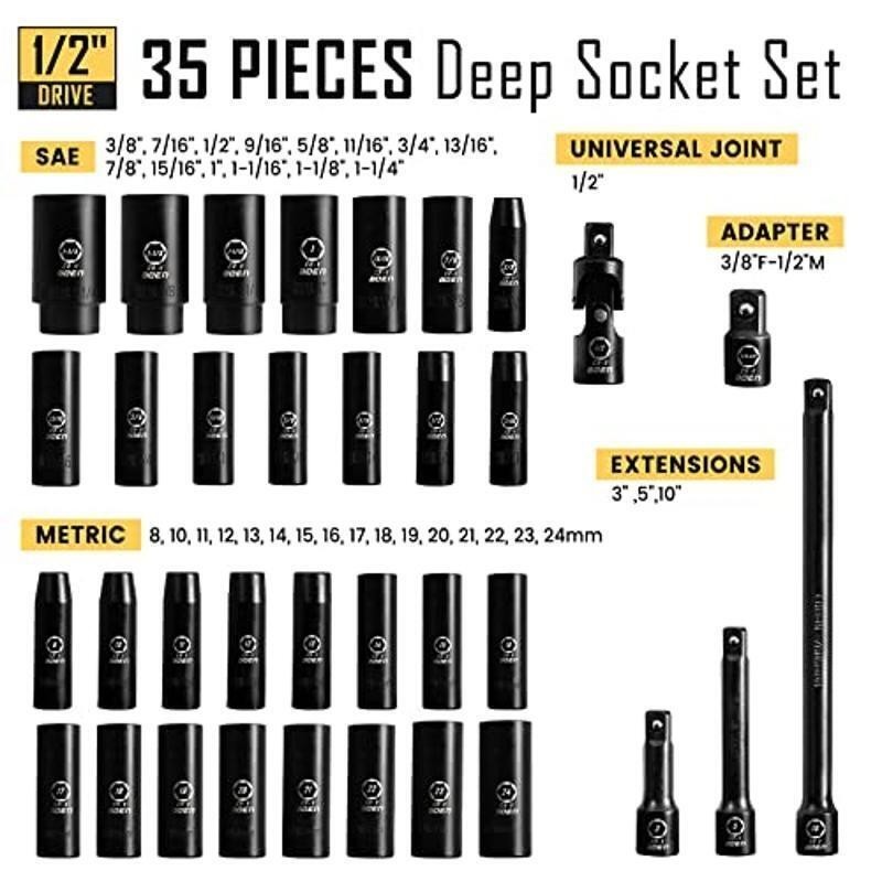 35-Piece Deep Impact Socket Set CR-V Steel 6-Point Design Durable Coating New