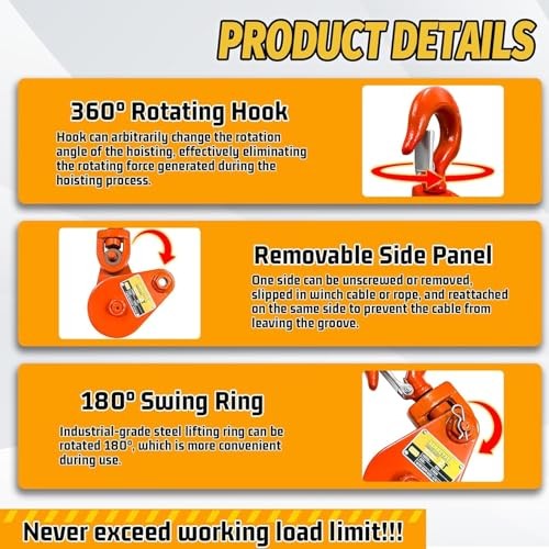 2 Ton Snatch Block with Hook, 3″ Sheave for 3/8″ Inch Wire Rope, Snatch Block