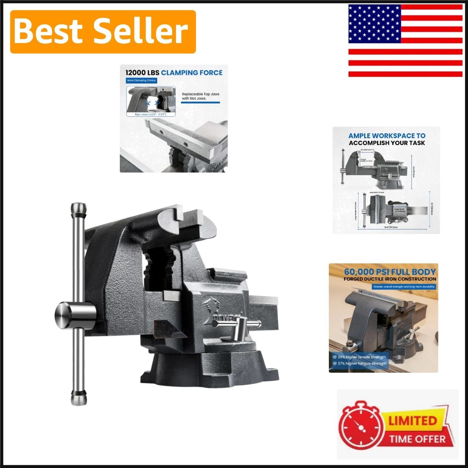CR80A 8-Inch Heavy Duty Bench Vise with 190° Swivel Base & 12000 lbs Strength