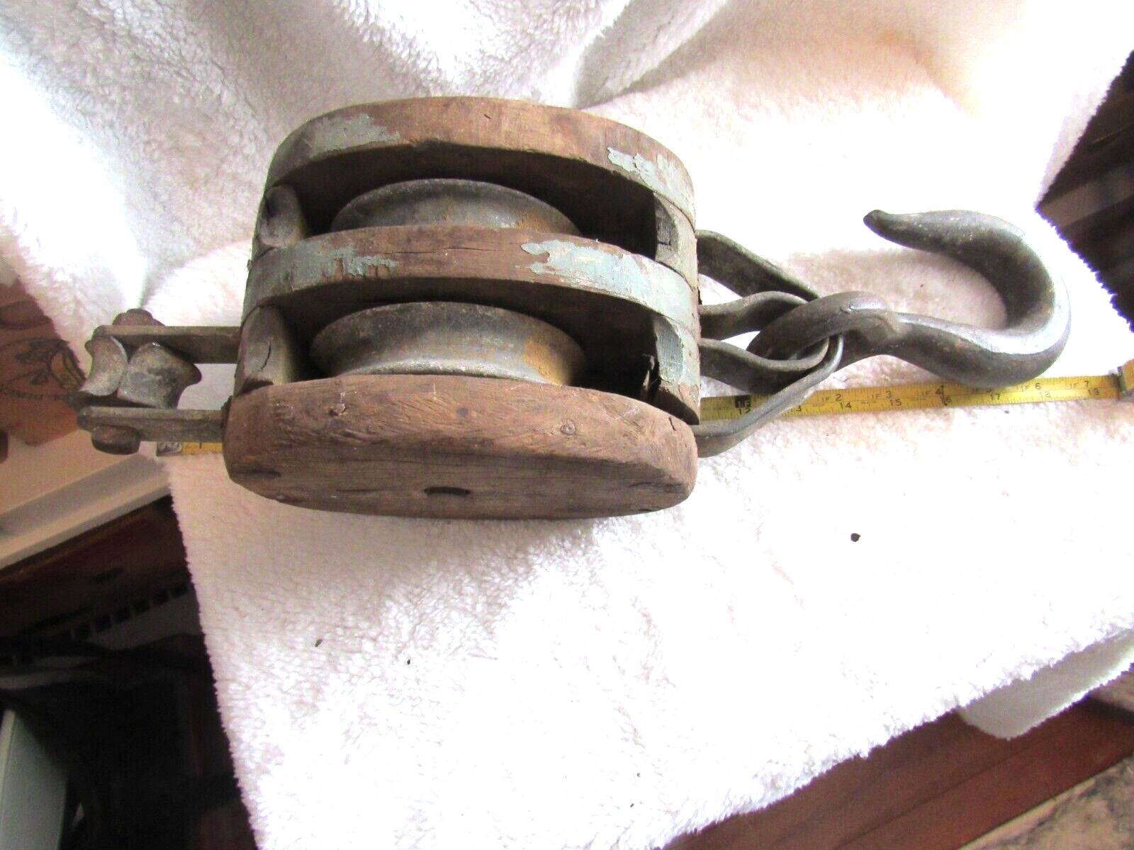 Vintage Extra Large 19″ Double Wood Block Pulley & Hook