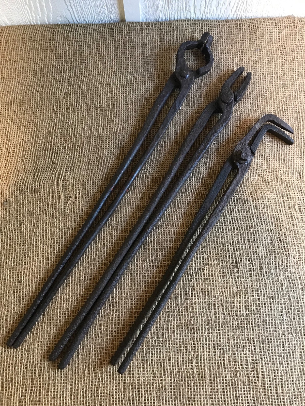 Vintage Set Of (3) Blacksmith Tongs Tools