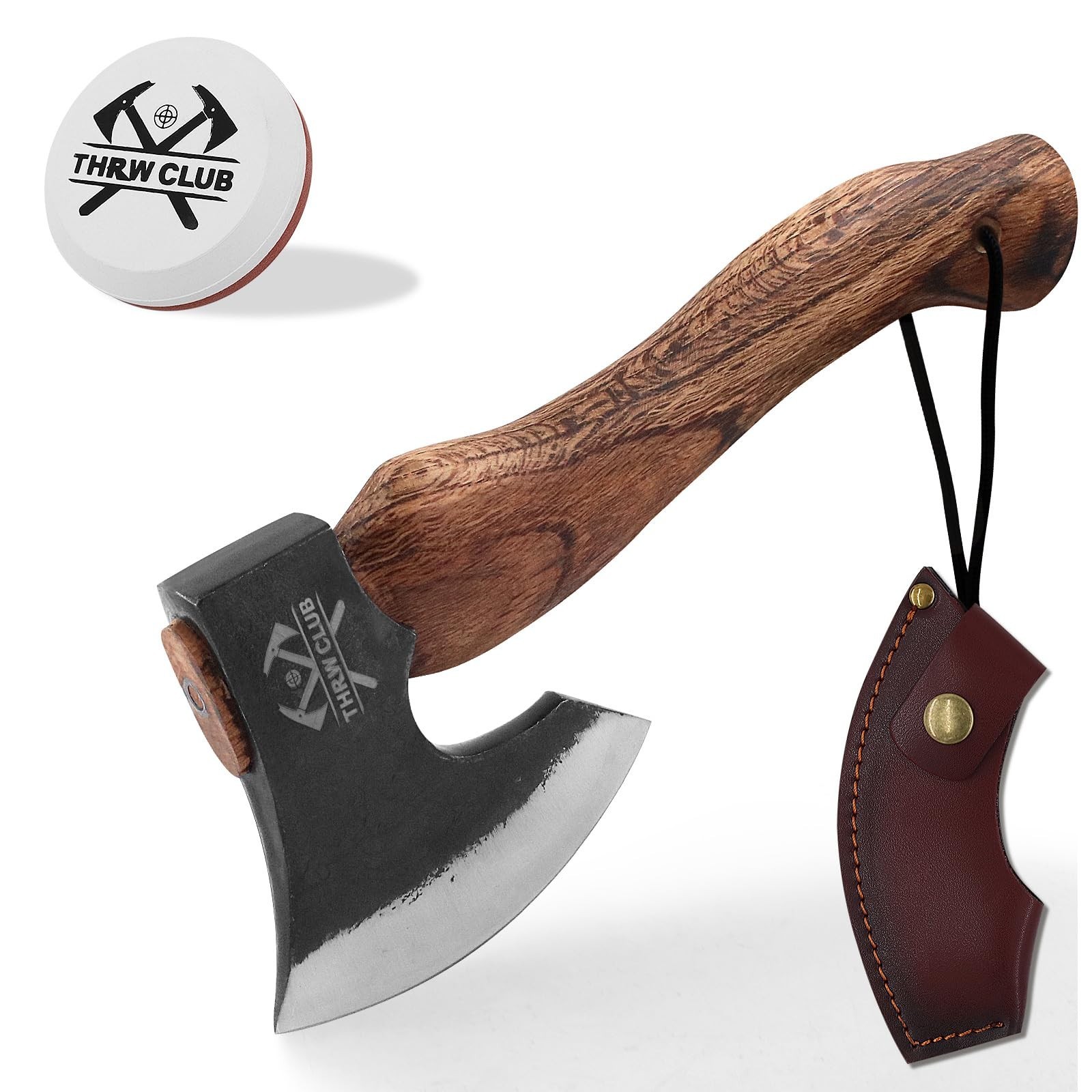 10.7″ Camping Hatchet Axe, High Carbon Steel, Leather Sheath, Bushcraft Tool for