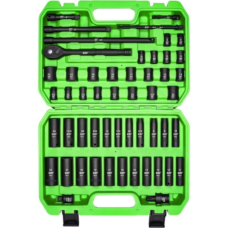 3/8″ Drive Impact Socket Set 52 Piece Standard SAE and Metric Shallow & Deep