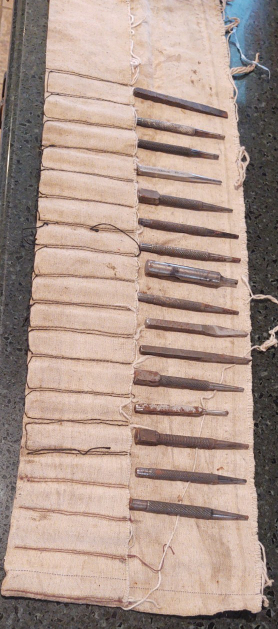 Vtg Antique Tool Roll Small Punches Chisels Blue Point , Miller falls , Syracuse