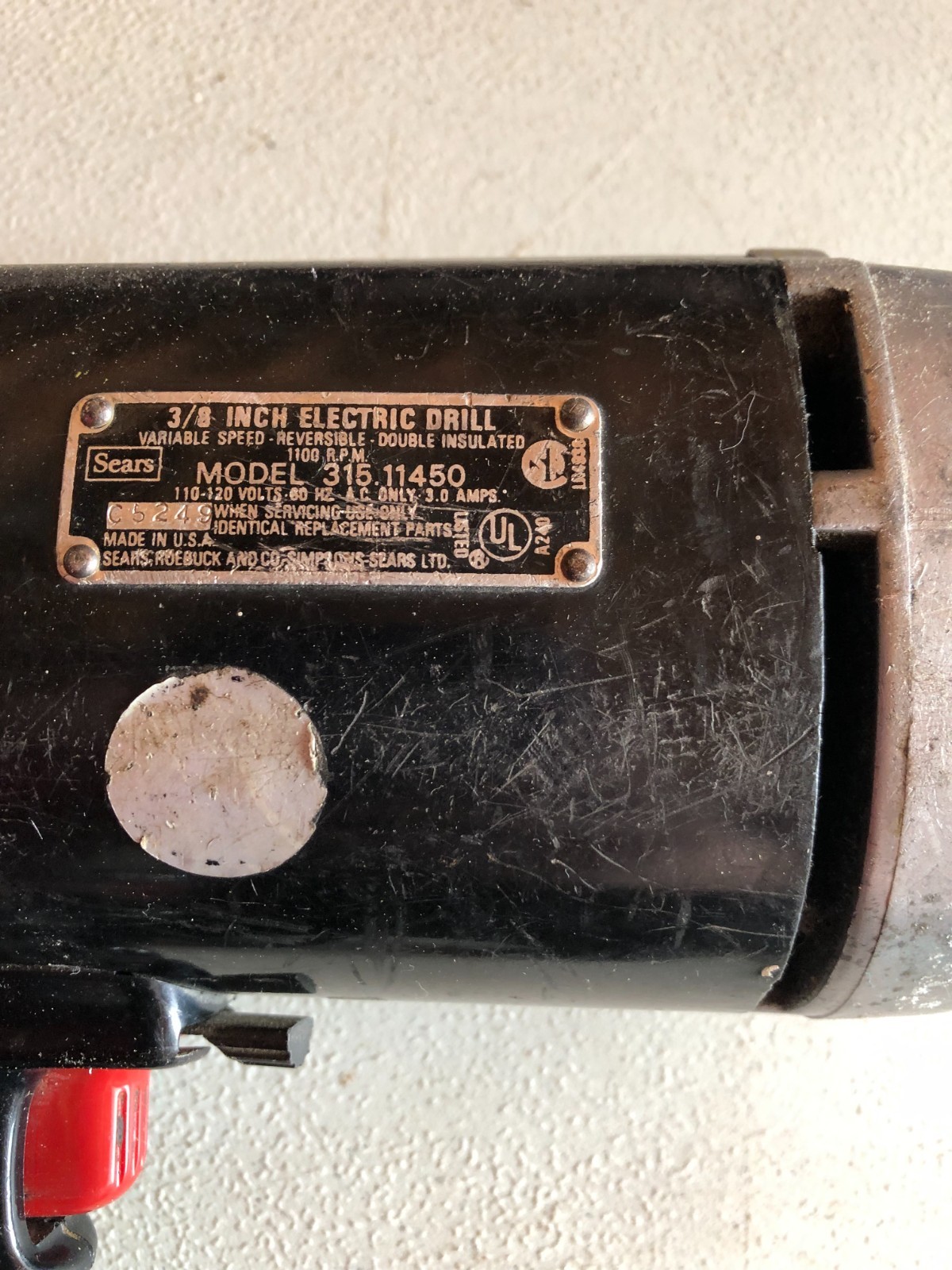 Sears Craftsman 3/8 Electric Drill Type 1 Reversible 1100rpm 315.11450 #TOOL BIN