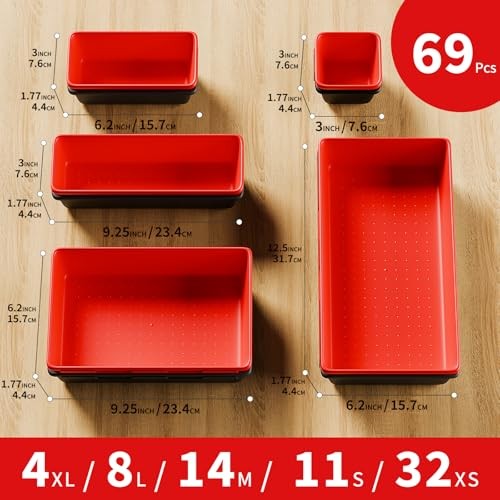 [5 Sizes] [69 PCS] Tool Drawer Organizer, Desk Tray, Rolling Chest, Black+Red