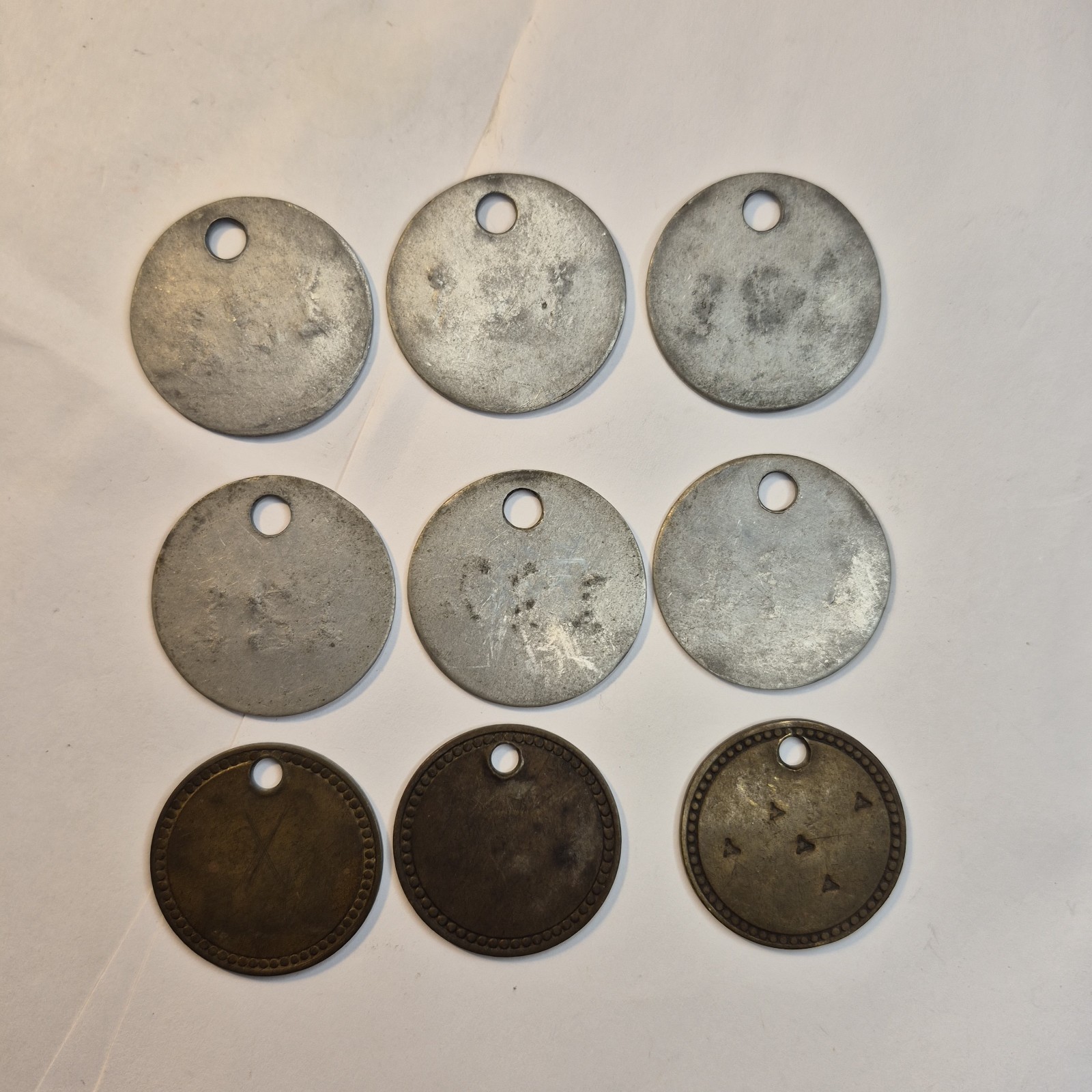 Vintage Lot 9 Tool Check Tags #121 Brass C.H.C. MCH. WORKS & Aluminum Industrial