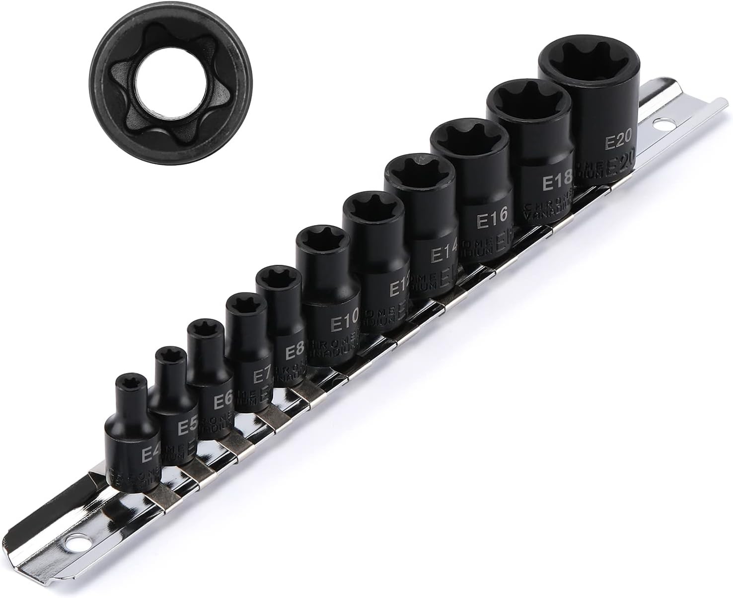 EMENTOL 11PCS E-Torx Socket Set with Rail E4-E20