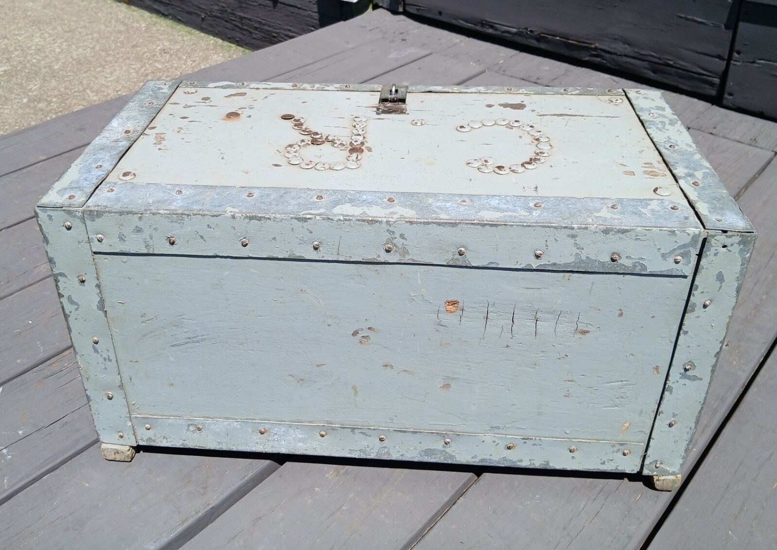 Antique Primitive Folk Art Gray Wooden Machinist Tool Box 1930s