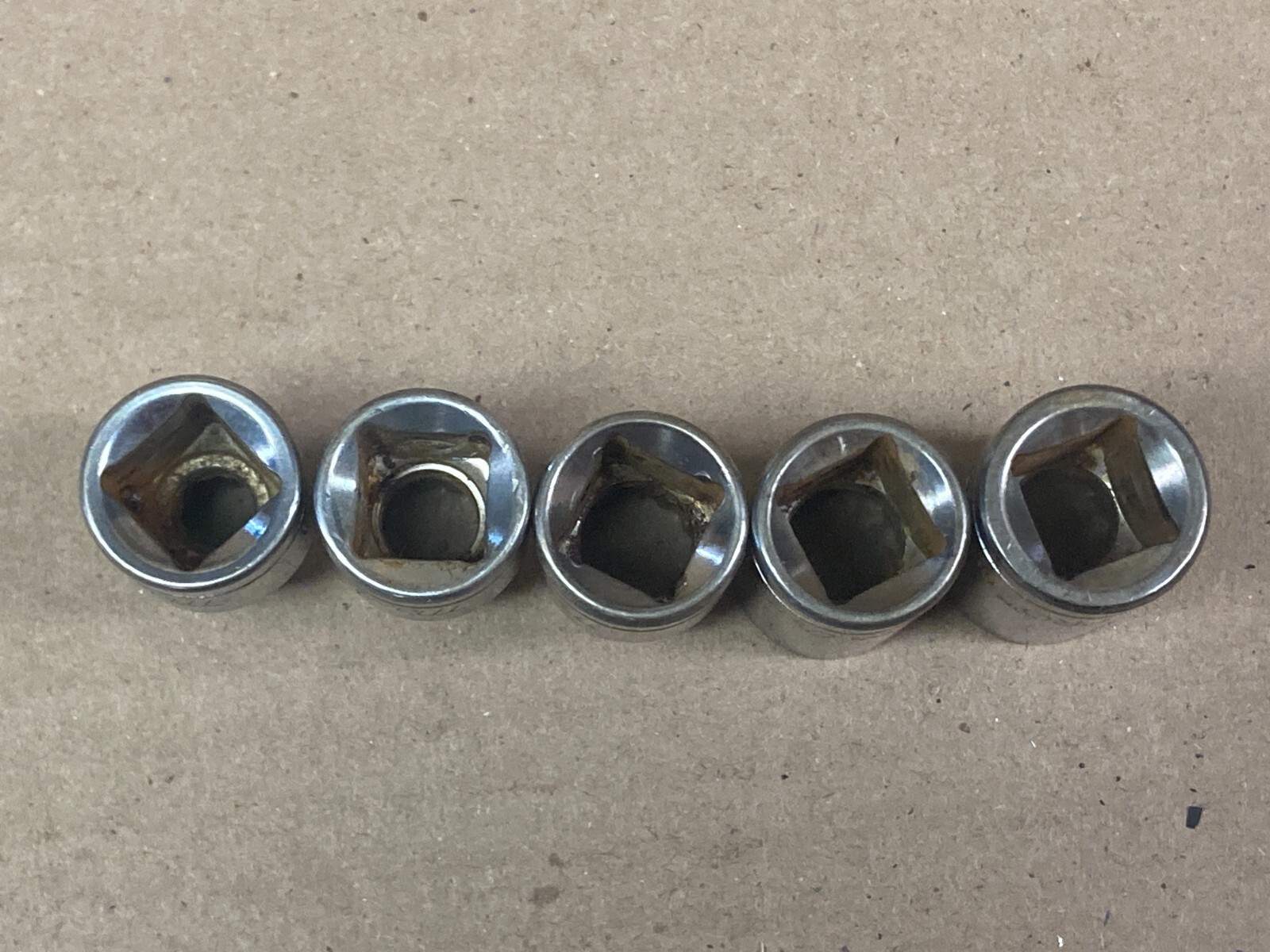 (5) 1/2” Dr. Sockets 5/8″ 1/2″ 7/16″ 3/8″ ~ 16mm Master Craft ~ 12 Point
