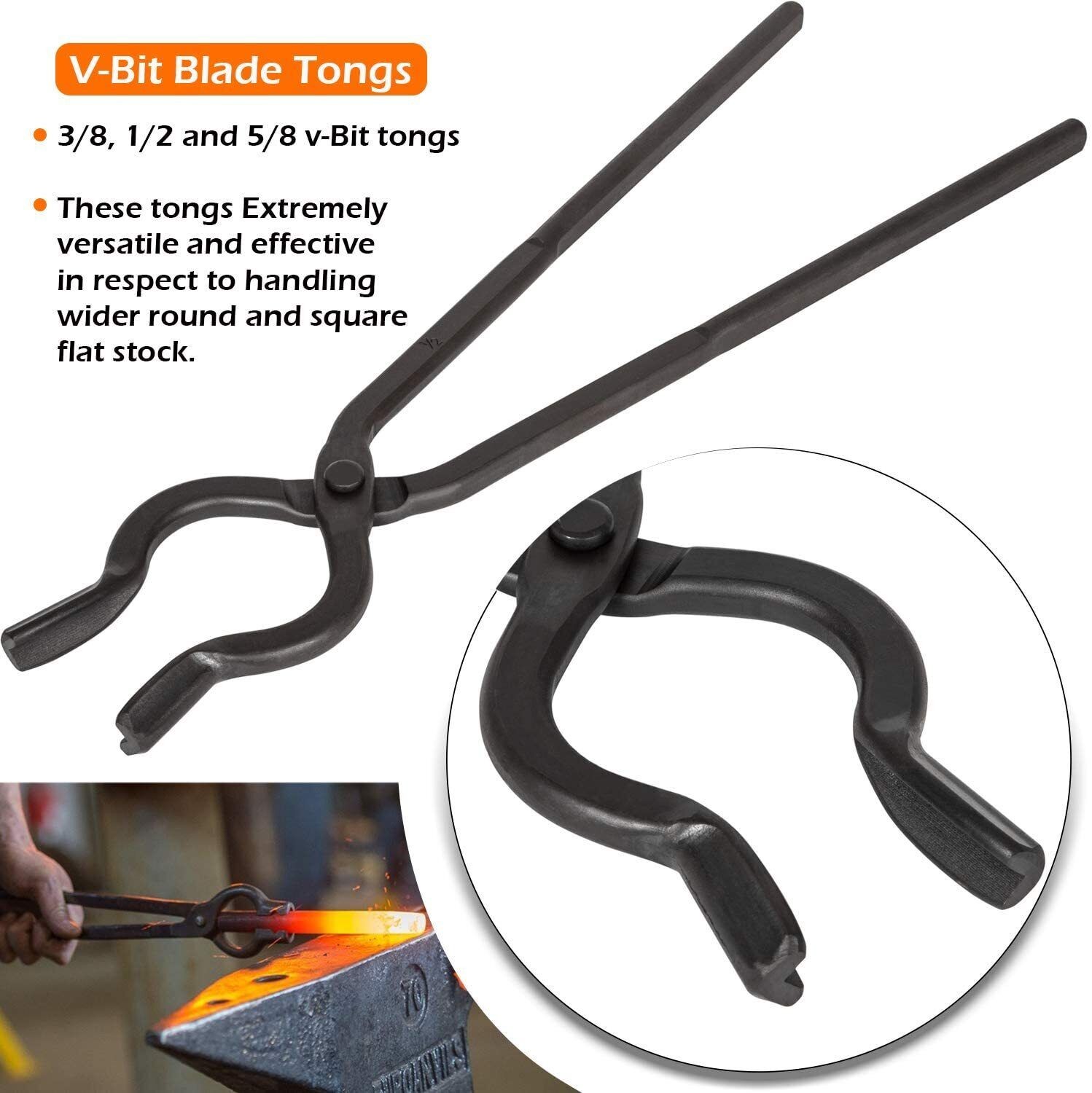 Beginner Blacksmith Tongs Blacksmith Forge Tong Tools Set V-Bit,Flat Jaw,Pick Up