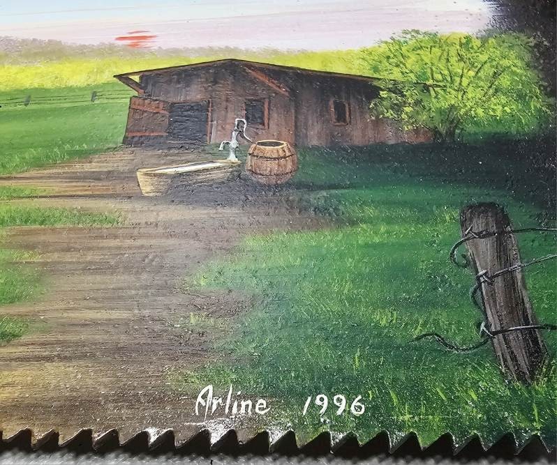 Vtg Hand Painted H Disston & Sons Saw Blade Country Landscape Scene 26″L Signed