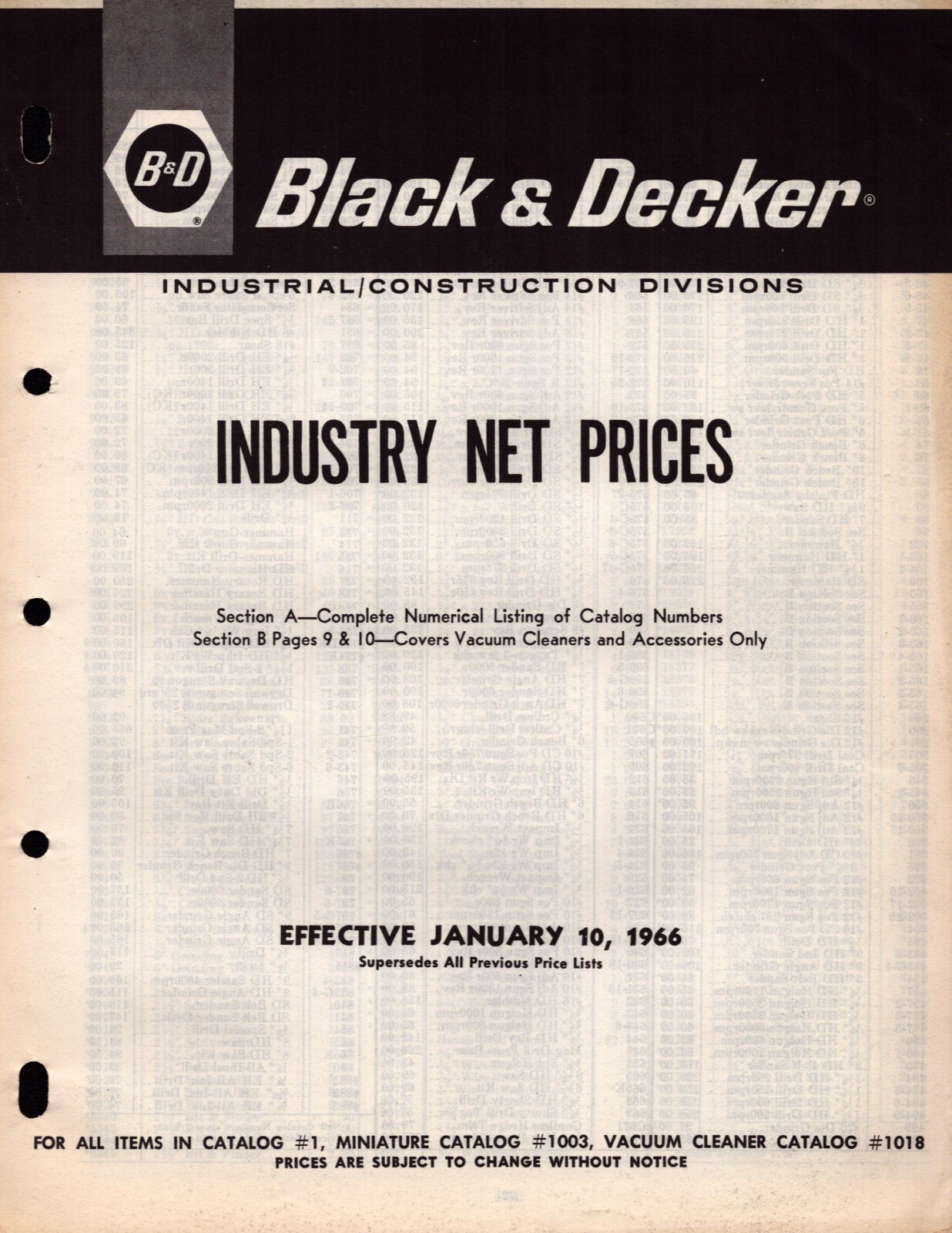 1966 Black & Decker Construction Industry New Prices 11″ x 8″ 11 pages