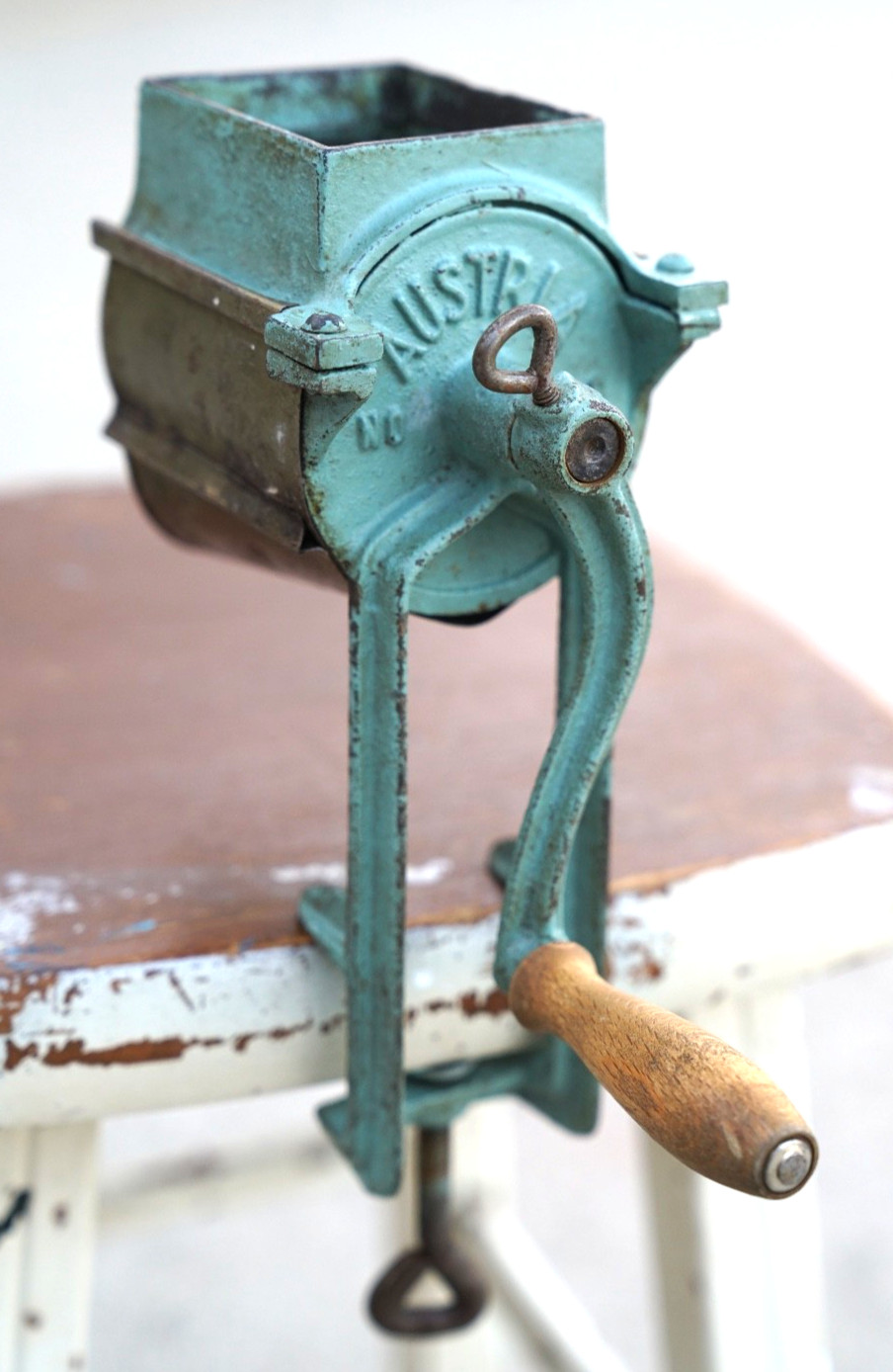 ANTIQUE AUSTRIA CRANK CHEESE GRATER BLUE PAINTED IRON, WOOD HAND GRIP