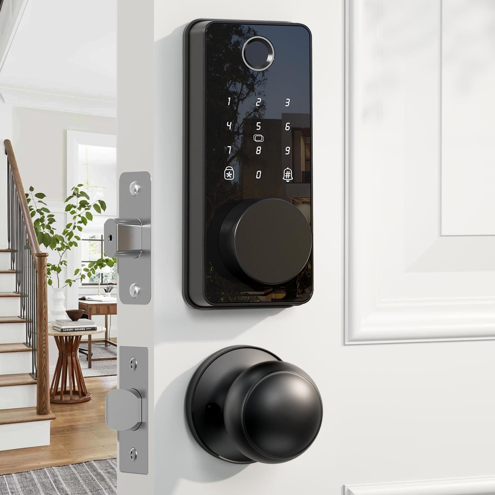 Keyless Entry Door Lock with 2 Knobs, Biquole Fingerprint Keypad Glossy Black