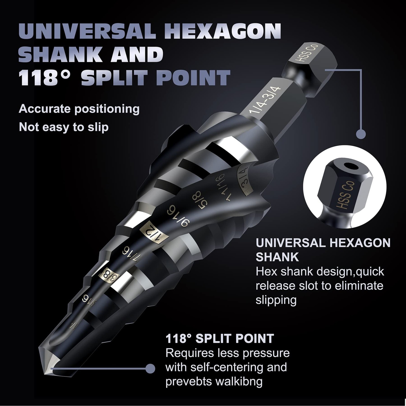 M35 Cobalt Four Spiral Flute Step Drill Bits,1/4”-3/4″(9 Step Size) Impact