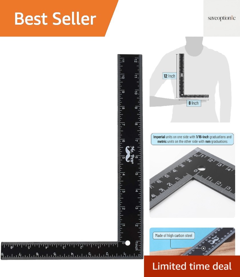 Black L Shape Ruler – 8″ x 12″ Steel Square for Accurate Framing and Layouts