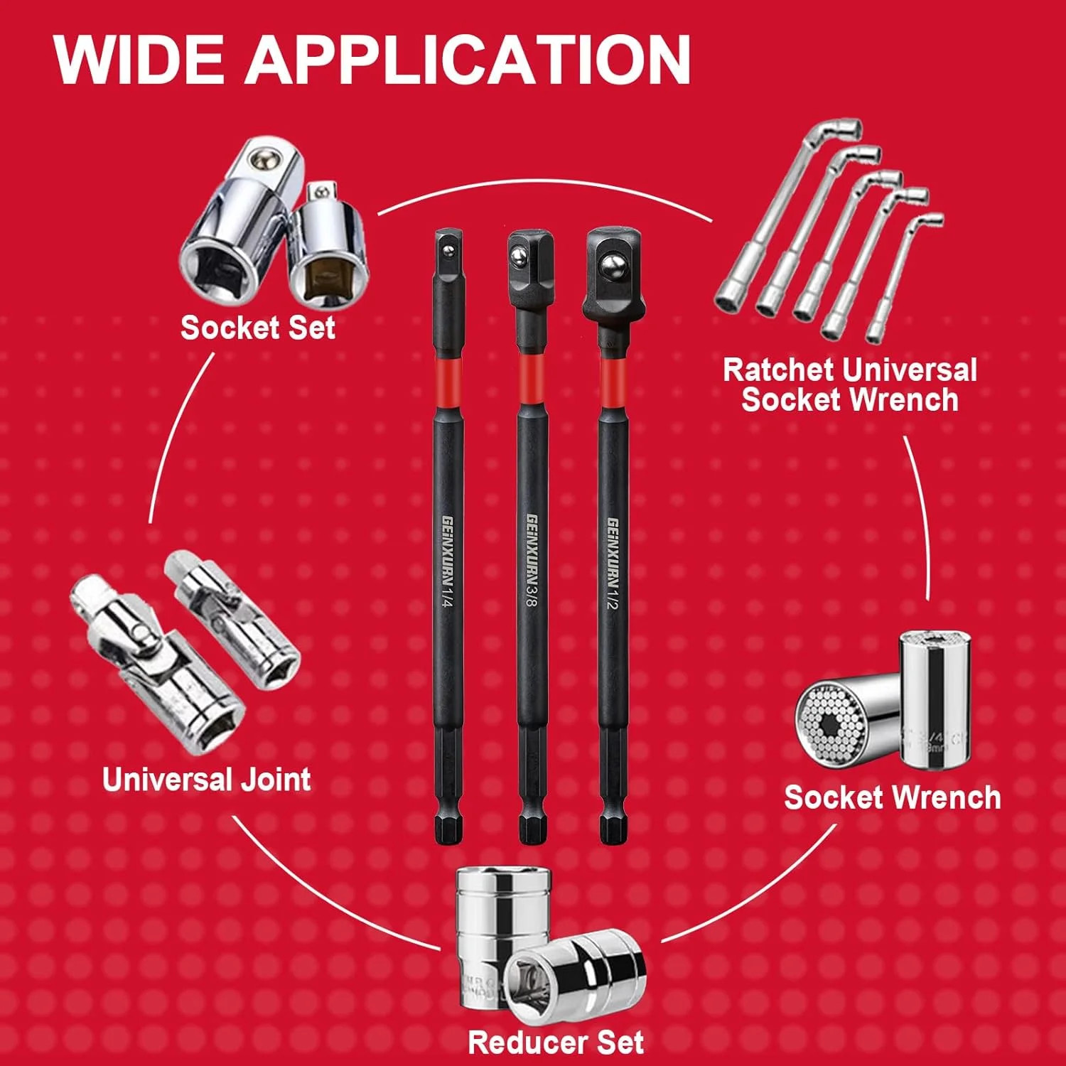 Geinxurn 8Pcs Impact Socket Adapter Set, 3/8″ Drive Square, 2.5Inches Extension