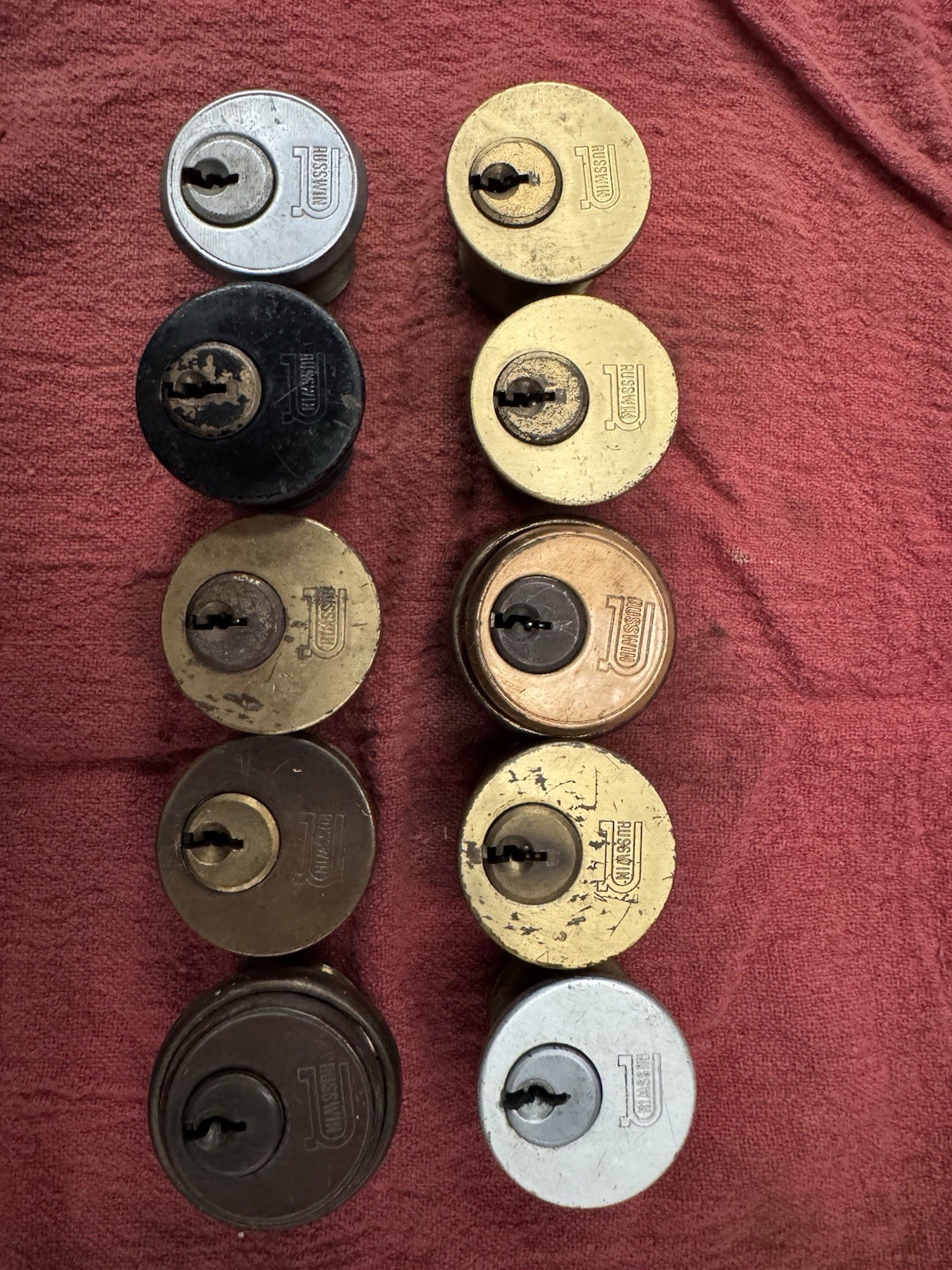 Vintage Russwin Lot of 10 Mortise Cylinders Brass Silver Black Brown Finishes