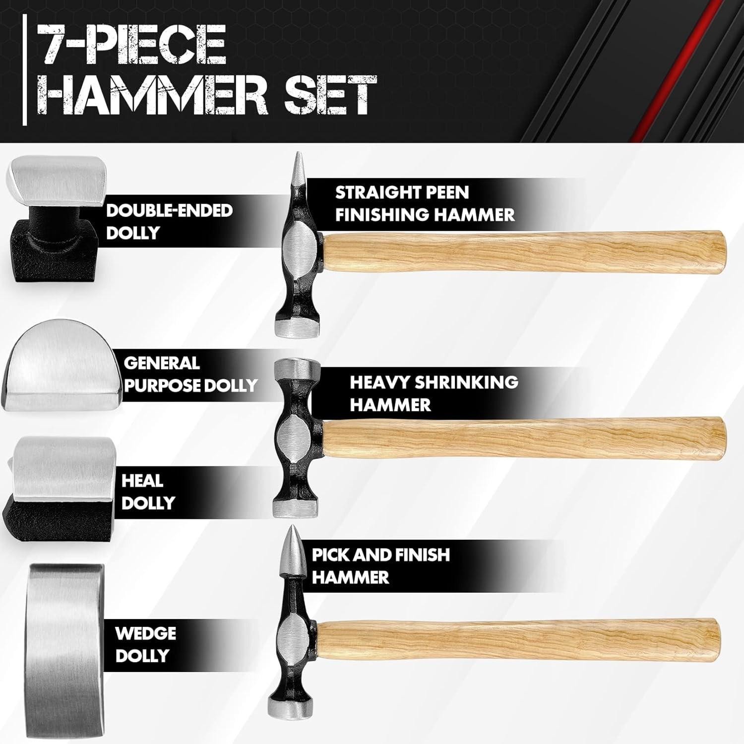 7 Pc Auto Body Fender Repair Tool Hammer & Dolly Set Auto Body Repair Tool Kit