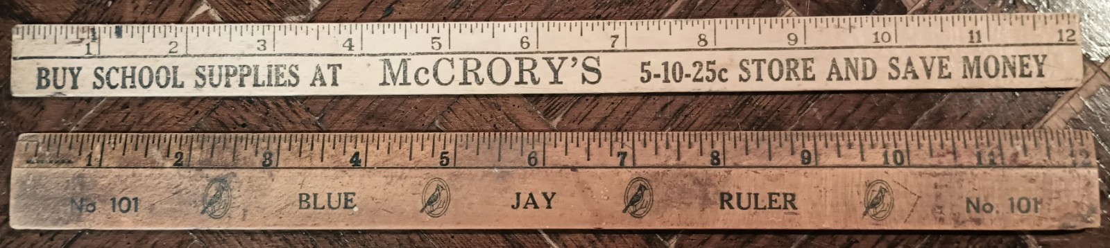 Antique Wooden Rulers – Blue Jay & McCrory’s 5-10-25¢ – Advertising Lot