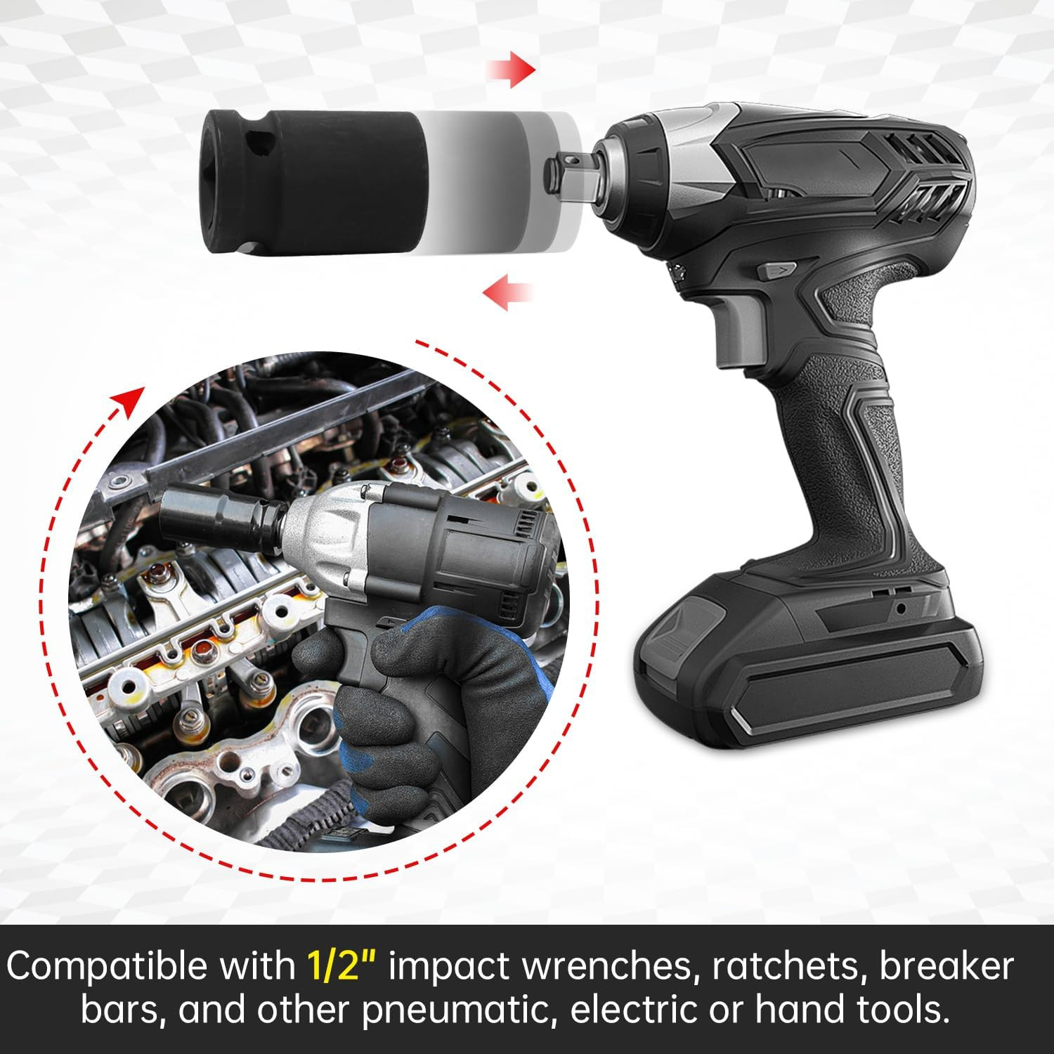 1/2 Inch Drive 24Mm Deep Impact Socket, CR-MO 6 Point Heavy Duty Metric Axle Nu