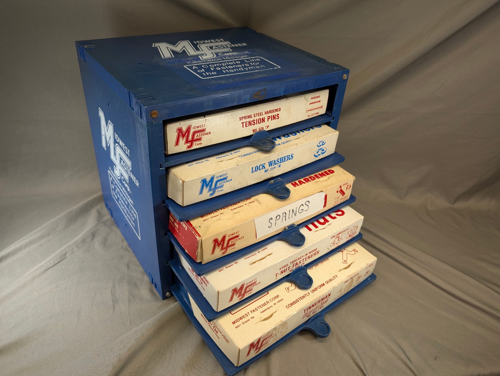 Vintage Midwest Fastener Cabinet 13″x13″x11″ Plastic Advertising Plus Contents!