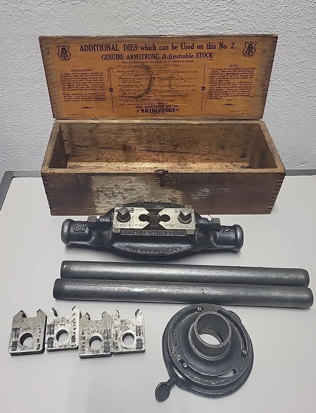 Antique Armstrong No.2 Wood Box Stock & Die Pipe Threader Set, Bridgeport Conn