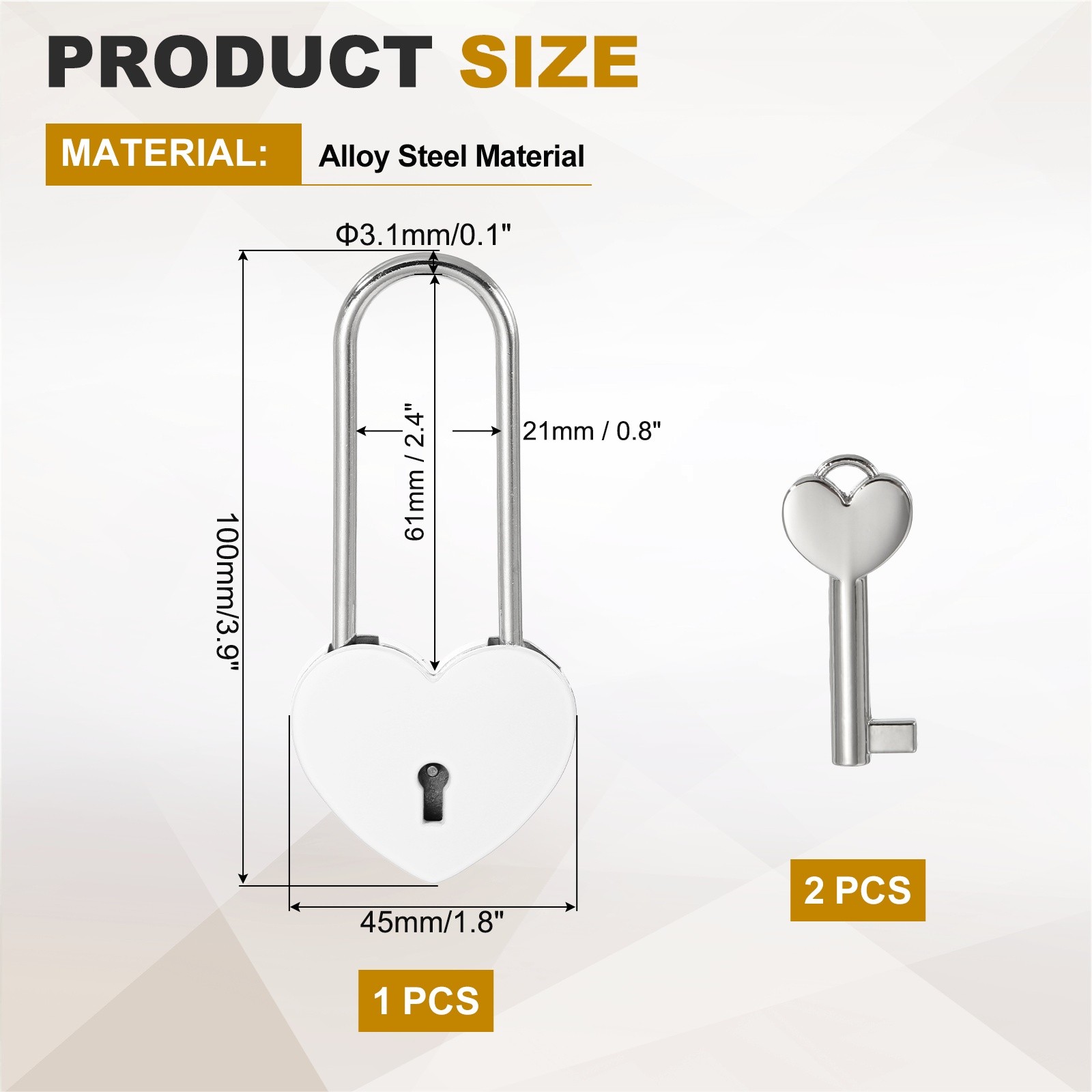 Mini Heart Lock with Key, (1.8×3.9 Inch, White) (1Pcs), Heart Shaped Padlock