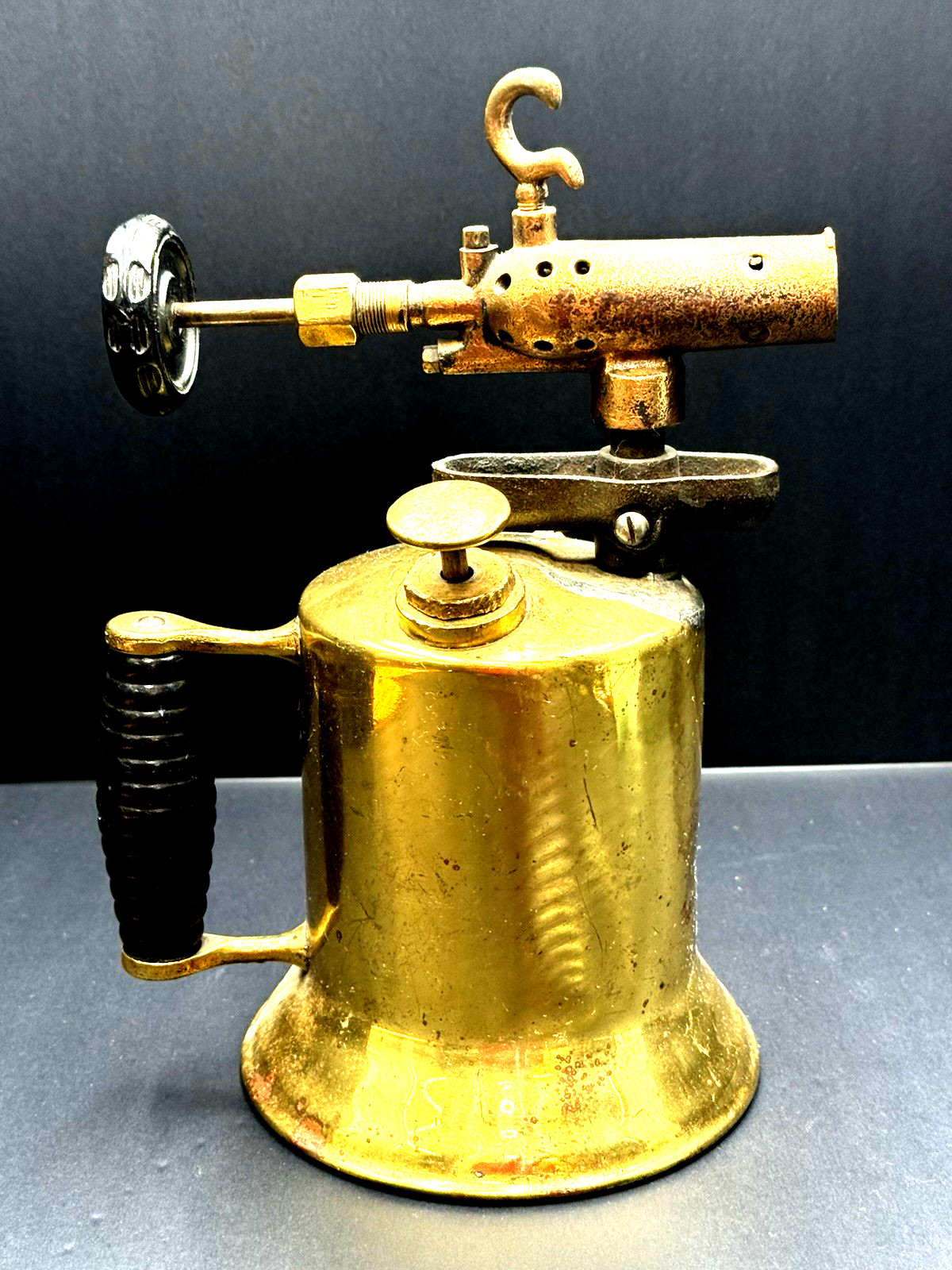 Vintage Brass Blowtorch Cast Iron Burner Soldering Hook Wooden Handle Kerosene