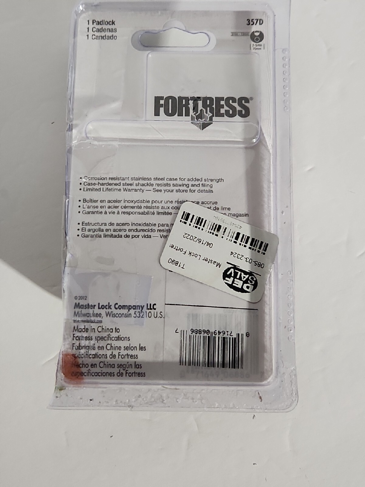 Master Lock Fortress Door Lock Pad Lock 357D New (distressed package)