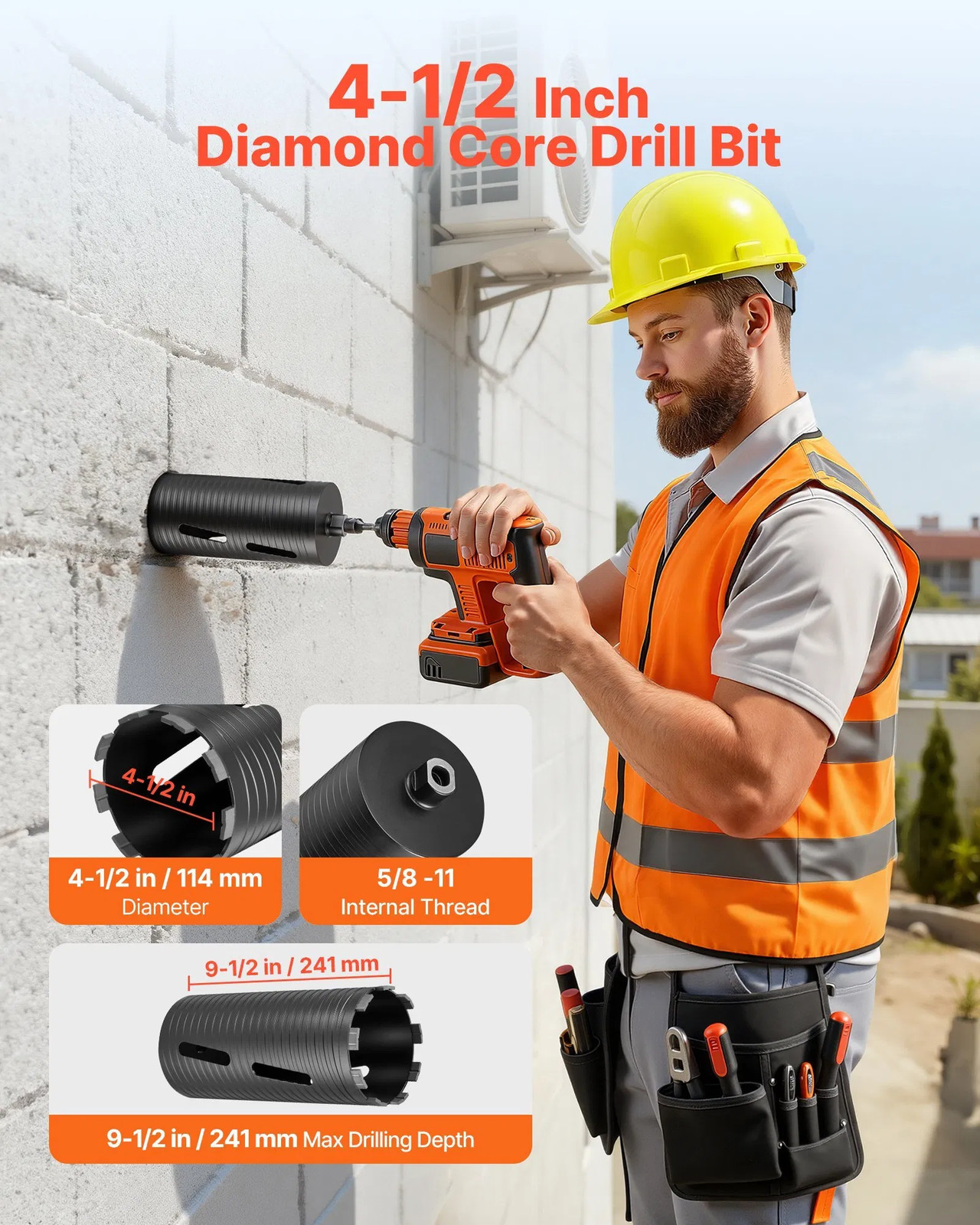 Core Drill Bit, 4-1/2 inch Diameter, 9-1/2 inch Drilling Depth, 5/8-11 Internal