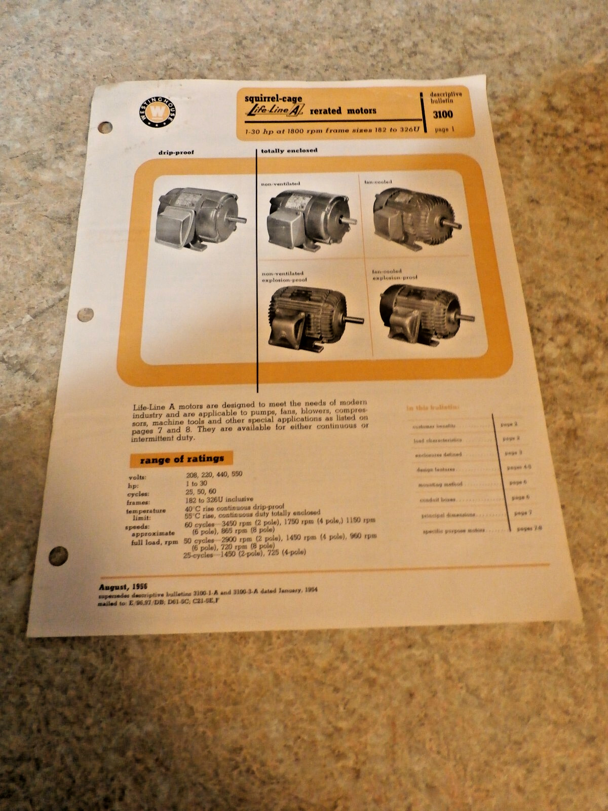RARE 1956 DESCRIPTION BULLETIN 3100 SQUIRREL CAGE LIFE LINE A RERATED MOTORS