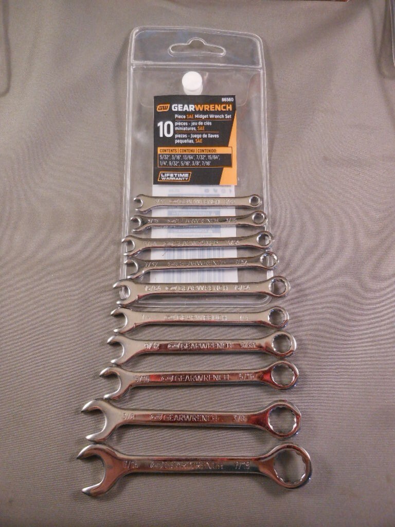 New GearWrench 86560 SAE 10 Piece Midget Combination Wrench Set Open & 12 pt Box