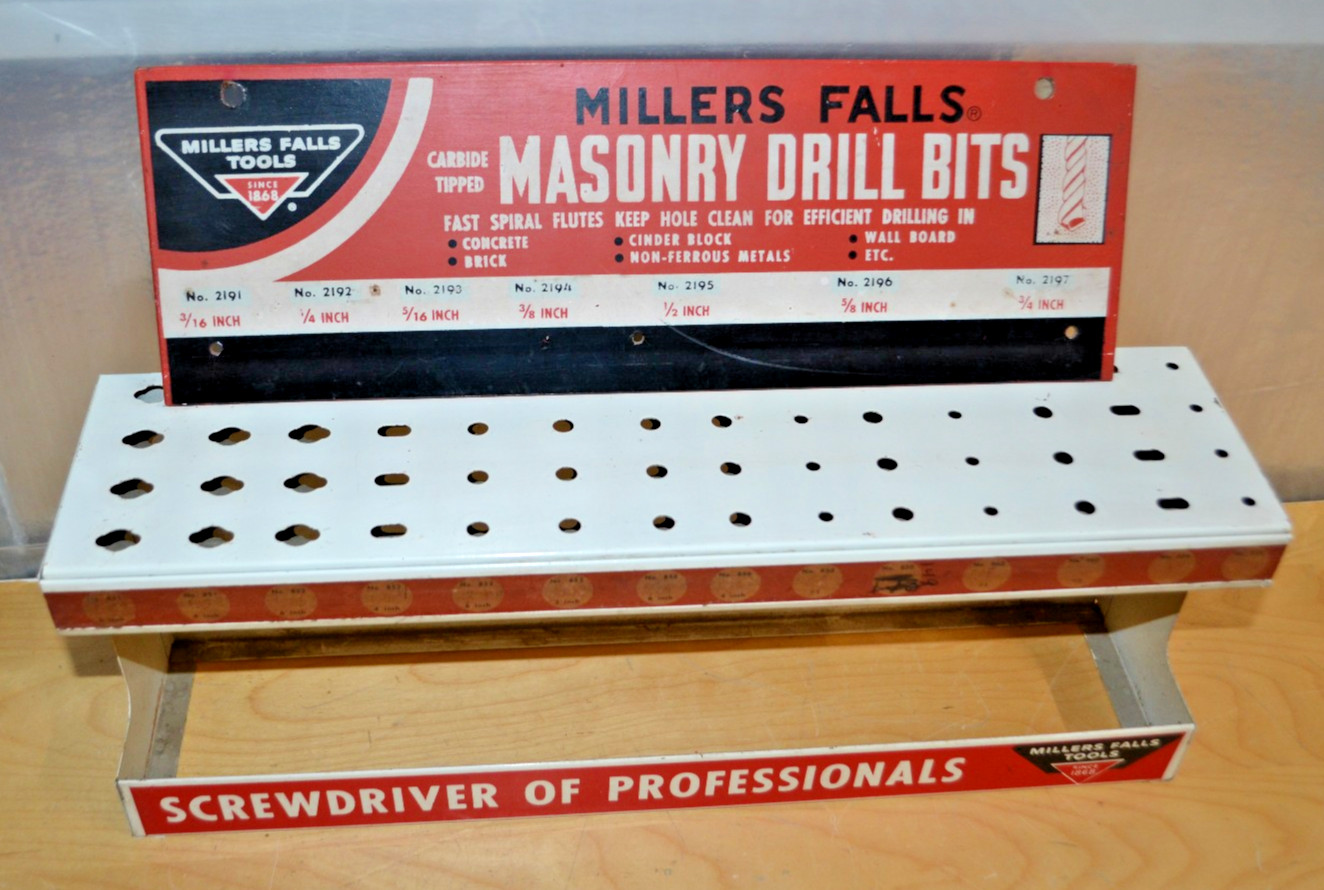 2 pcs. OG ~ vtg MILLERS FALLS Hardware Store Display Screwdriver Rack & Bit Sign
