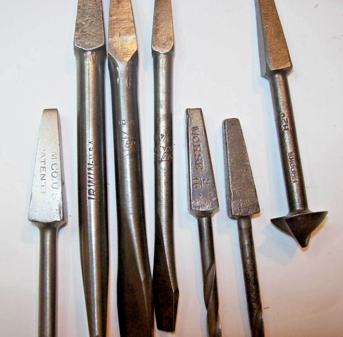 7 vtg. screwdriver & drill bits for bit brace, Greenlee, Stanley, Irwin, Brooks