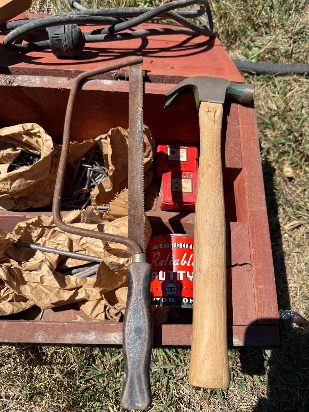 Vtg Handmade TOOLBOX Solid Wood Red Painted W/ Carpenter’s Supplies 25 x 10 x 8