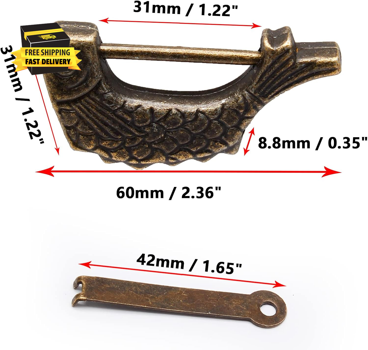 Vintage Fish Shaped Padlock, Bronze Antique Chinese Lock with Key for Jewelry Bo