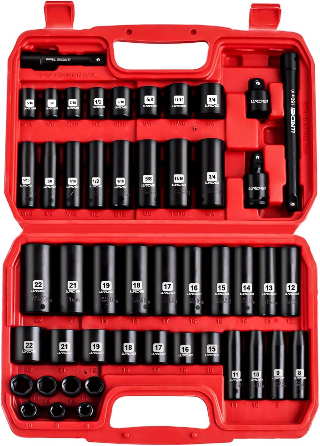 LLNDEI 3/8″ Drive Impact Socket Set SAE and Metric (5/16″- 3/4″, 8-22mm) 48pcs