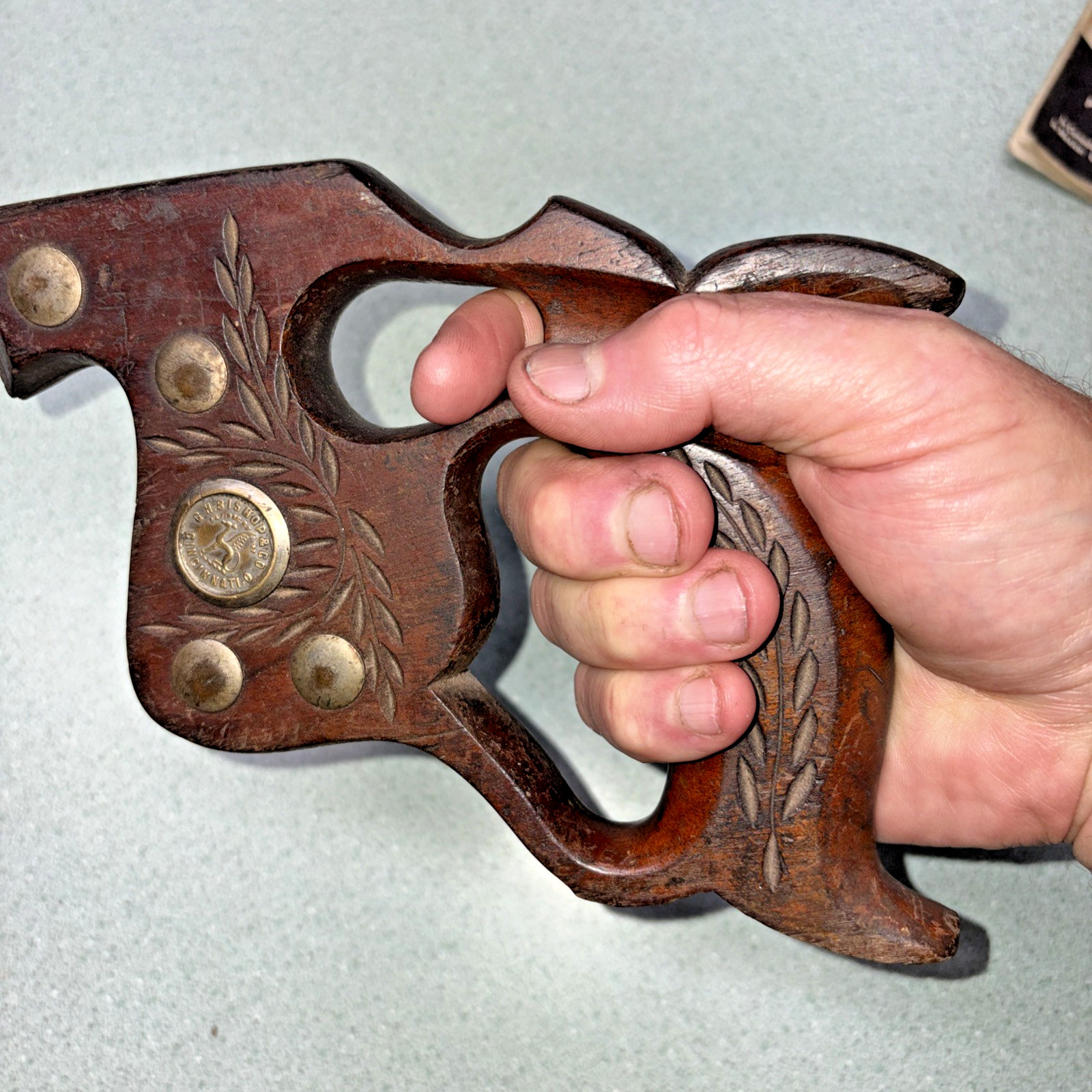 Thumbhole Saw Handle w/ nuts G. H. Bishop hand saw Vintage Tools NICE