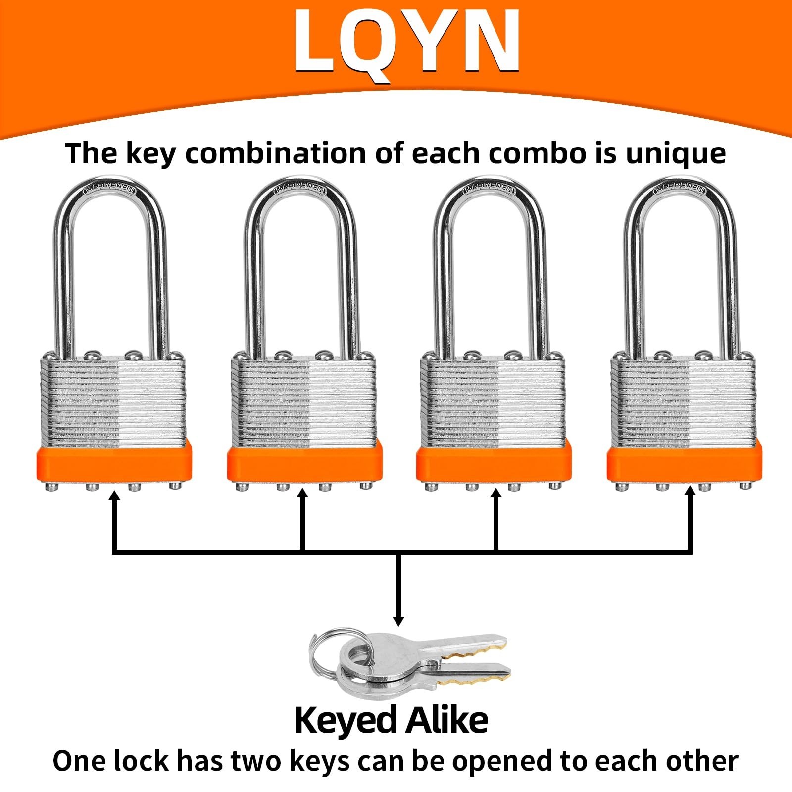 Keyed Alike Padlocks Set of 6, 40mm Laminated Long Shackle Locks for Storage, To