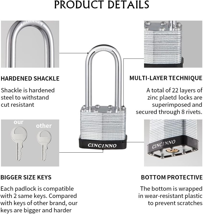 Laminated Steel Padlocks Set: 6 Keyed Alike with Long Shackles for Versatile Use