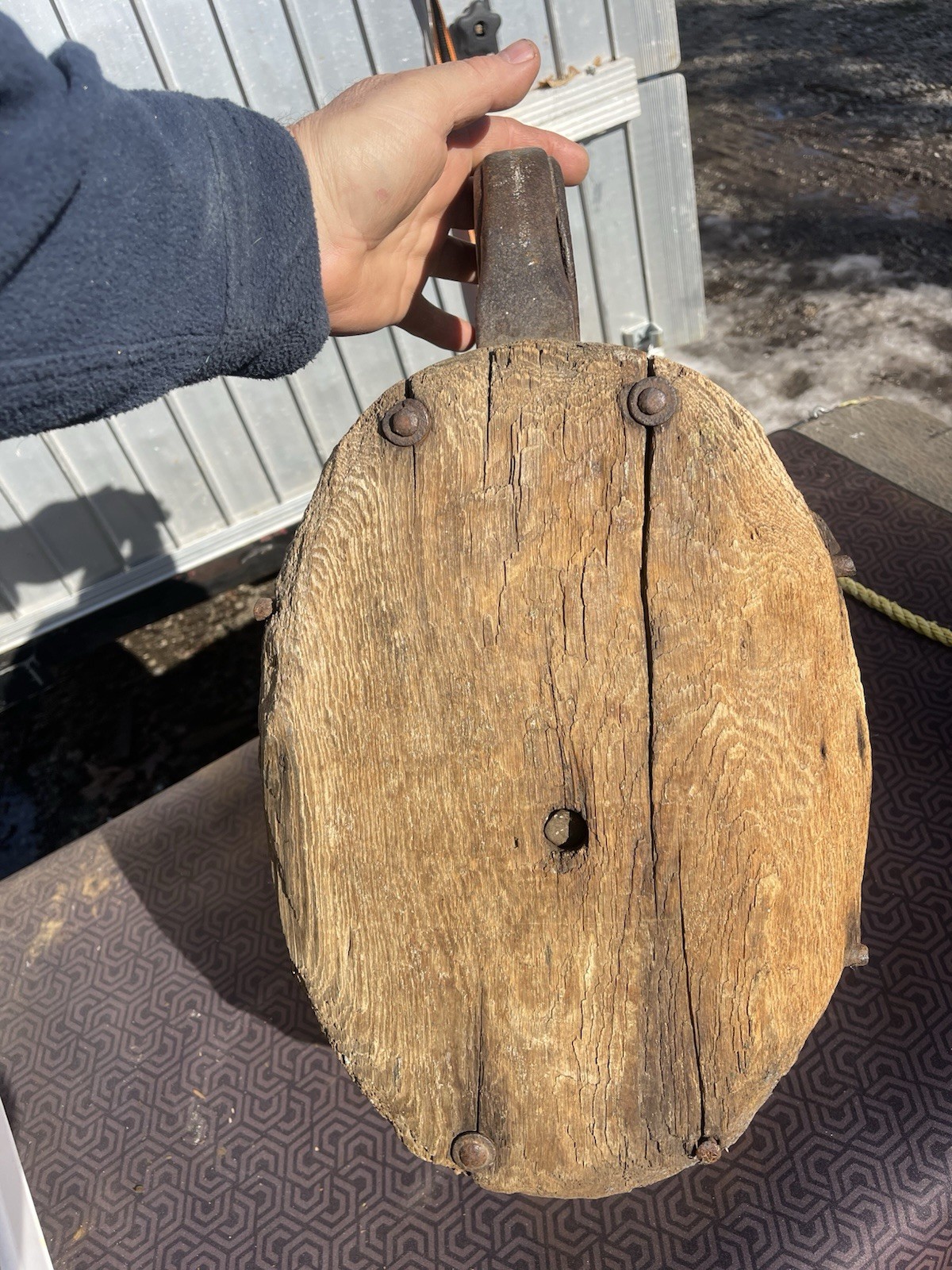 GIANT Antique Pulley Cast Iron lignum Vitae Wood Block Tackle 19” Large 50 Lb