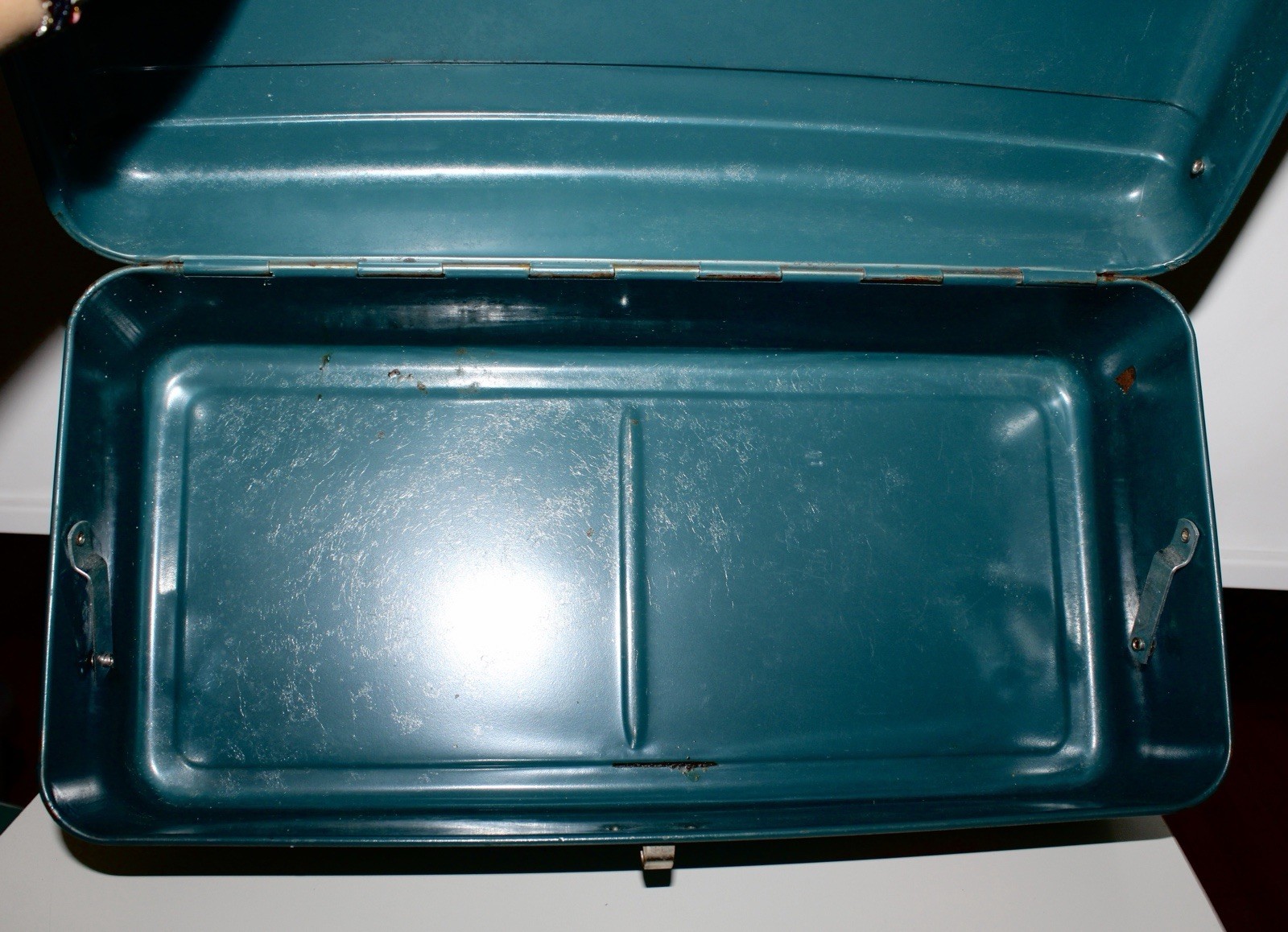 Vintage Revelation Western Auto Stores Metal Tackle Tool Box Ruler Blue No Shelf