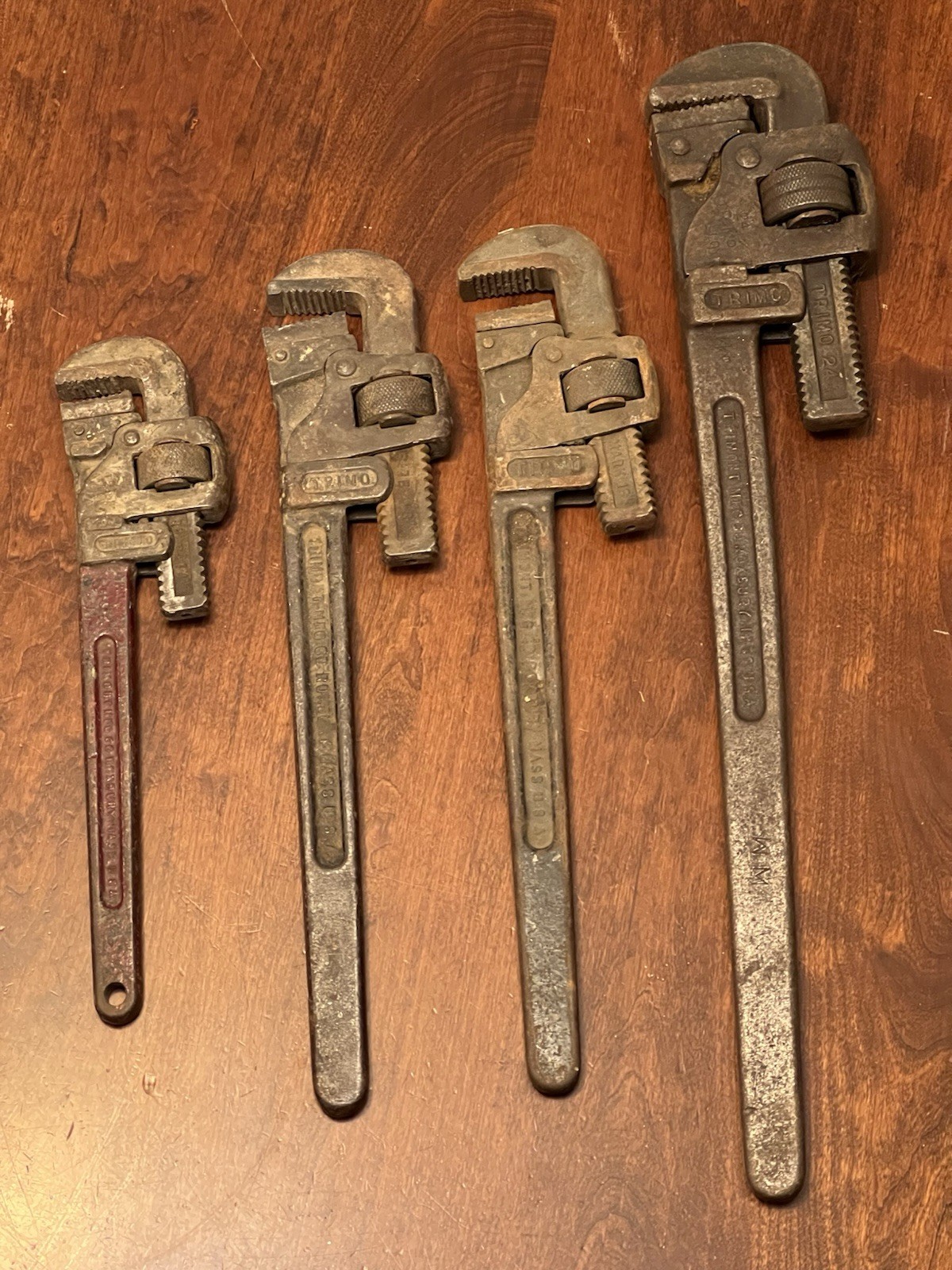 Vintage TRIMO Pipe Wrenches Lot Of 4 Trimont 24in/18in/14in Made In USA VTG TOOL