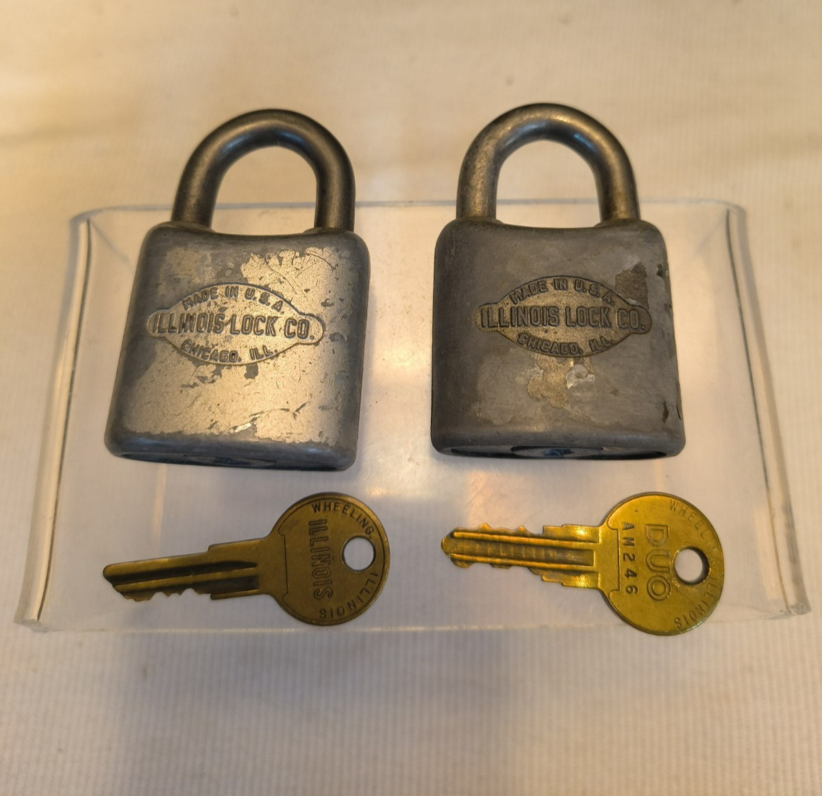 Set 2 Vintage 1940s Illinois Lock Co Padlock Hardened w/ Original Keys BOTH WORK