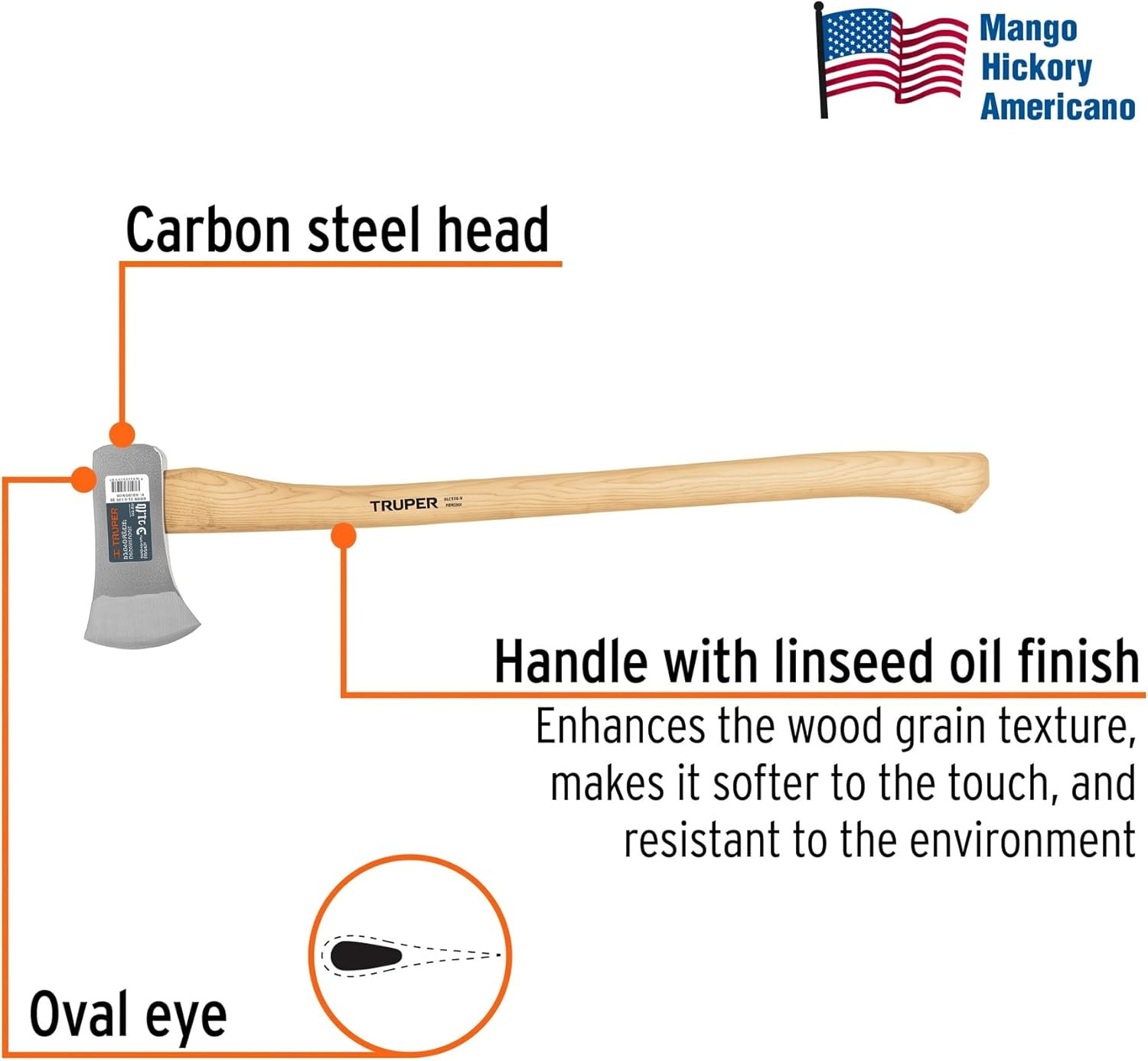 Michigan Axe, 3.5 Lb Forged Steel Head, 35-Inch American Hickory Wood Handle, He