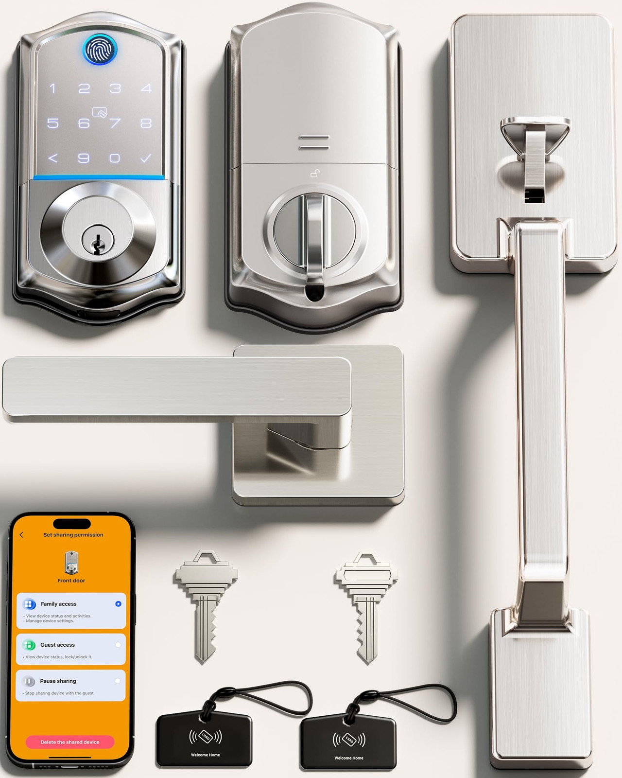Veise VE017-D Smart Fingerprint Front Door Lock Set, App Satin Nickel